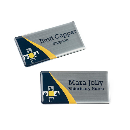 76 x 38mm Name Badge, Name Tag with Resin Dome. Brushed Silver.