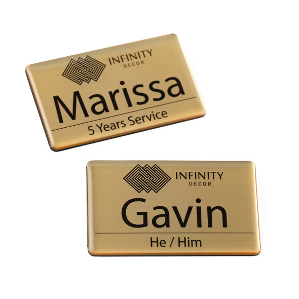 76 x 38mm Name Badge, Name Tag with Resin Dome. Brushed Gold.