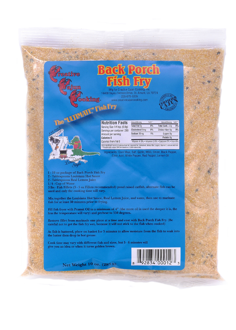 Back Porch Fish Fry
Once you try this, your favorite fish fry will change to Back Porch Fish Fry.  With its delicious cornmeal base, seasoned with Magic Swamp Dust, your fish will be crispy on the outside and tender and juicy on the inside! Real easy to use, the directions are on the label.