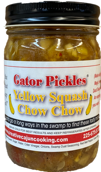 If you love the taste Gator Pickles, you need to jump on board with the "Yellow Squash Chow-Chow". The taste may just make you eat the whole jar in one sitting like the other products we carry. Just enough sweet and heat!  Chopped yellow squash and sweet onions seasoned with the fabulous Magic Swamp Dust.  Probably the BEST Yellow Squash you’ll ever eat!