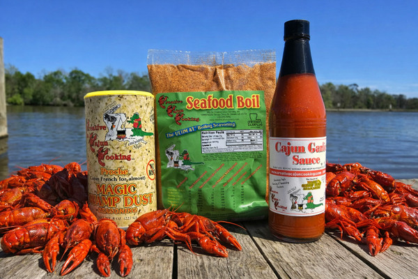 3 item Classic Cajun Bundle: Select your favorite Magic Swamp Dust blend to go with our 1 lb bag of Seafood Boil and bottle of Cajun Garlic Sauce