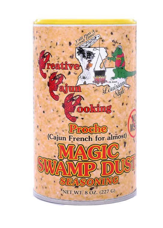 "Proche" Magic Swamp Dust Seasoning with no MSG -8oz Can
Proche’ (Cajun French for almost)
Just like the original Magic Swamp Dust, specially
formulated to taste the same, without the MSG.
Use it the same, on everything, for the best taste possible.