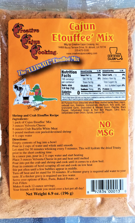 Creative Cajun Cooking Etouffee Mix
This flour based mix makes a rich, Cajun style sauce, in which you usually add seafood, but chicken is nice in it also.  It is traditionally served over rice in a shallow bowl like gumbo, but is also great on pasta, baked potato, fried or baked fish, or even a steak topping; very versatile!