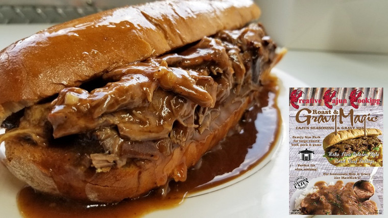 Roast Beef Poboy with gravy made with Creative Cajun Cooking's Roast & Gravy Magic Mix Seasoning Blend & Gravy Pack
