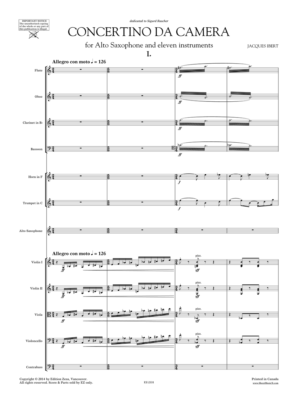 Ibert Concertino da Camera Sheet Music X Scores & Orchestral Parts