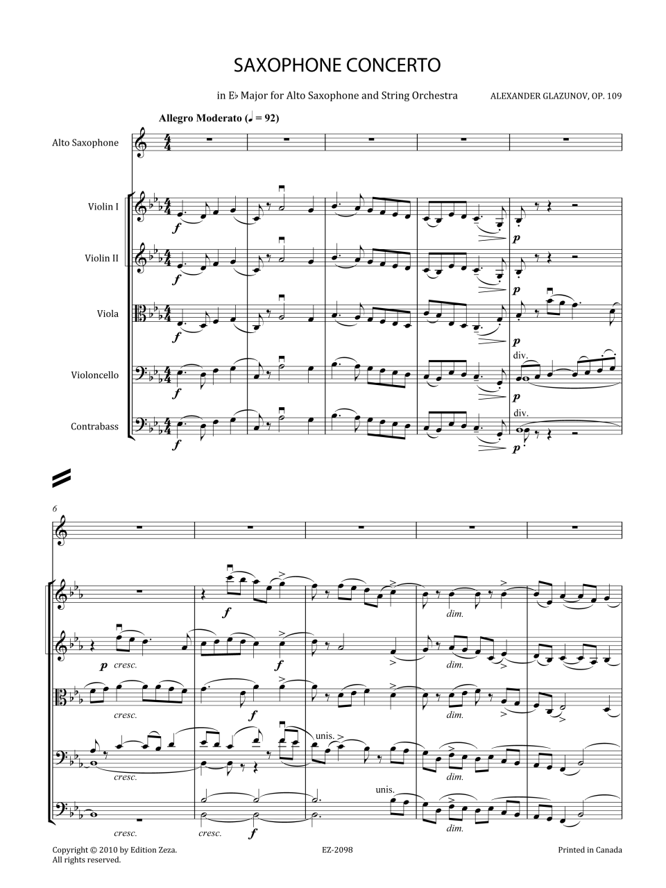 Glazunov, A. Saxophone Concerto in E Flat Major Op.109 for Alto Saxophone and String Orchestra