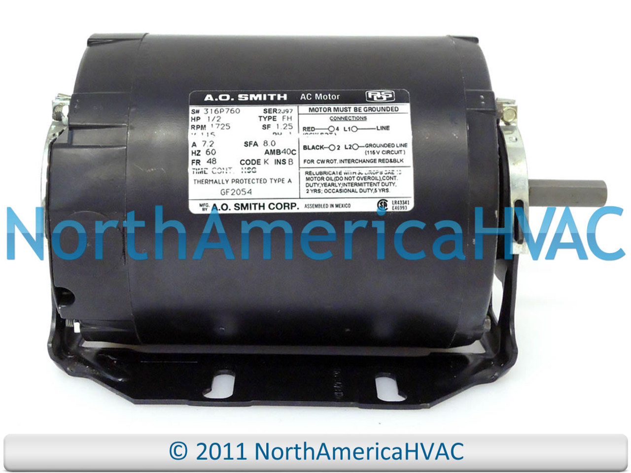 A.O.Smith Blower MOTOR 1/2 HP 115 Volt 1725 RPM GF2054 ...