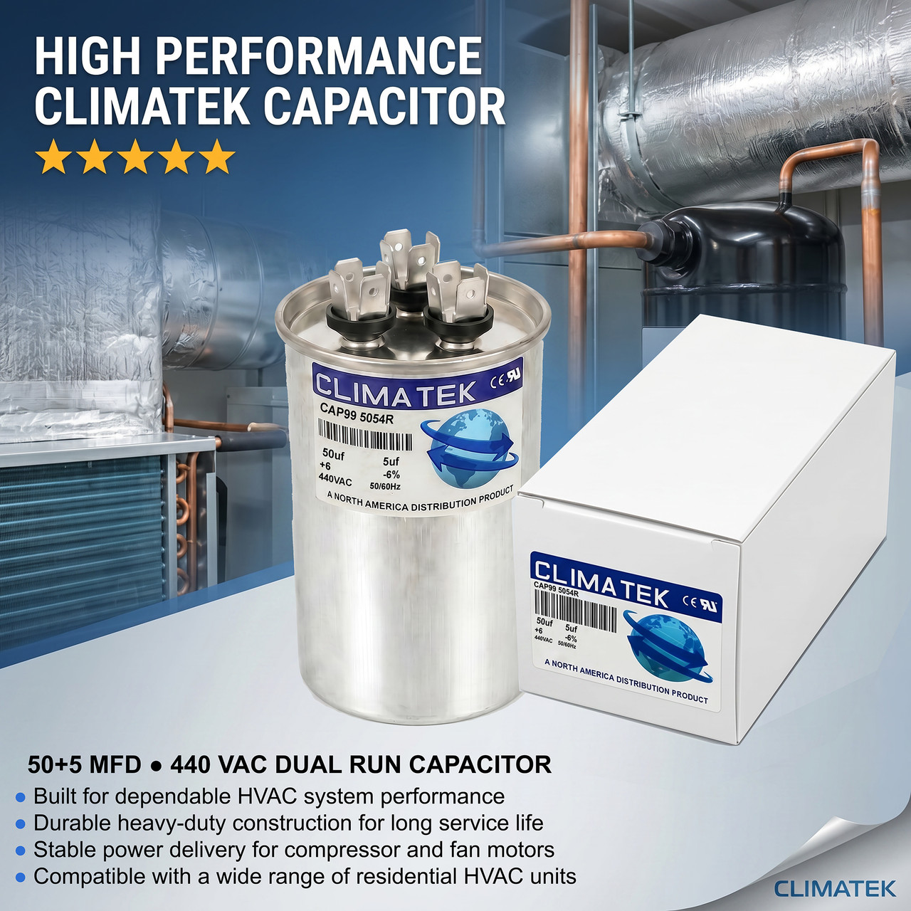 HC98JA051 - ClimaTek 50/5 uf MFD 370 Volt Capacitor Replaces