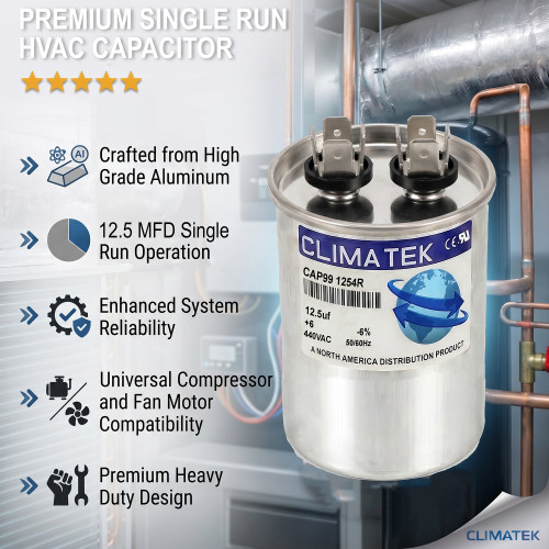 ClimaTek Round Single Run Capacitor 12.5 MFD 370 440 VAC Volt Replaces Supco CR12.5x370R