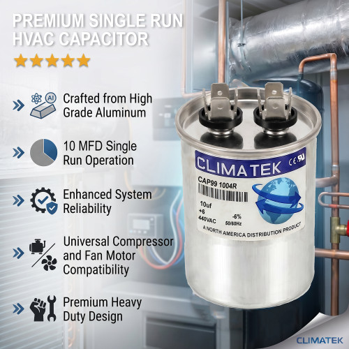 ClimaTek Round Single Run Capacitor 10 MFD 370 440 VAC Volt Replaces Supco CR10x370R