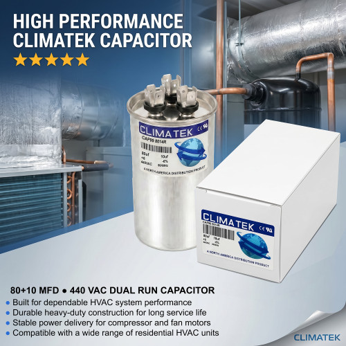 ClimaTek Round Dual Run Capacitor 80 + 10 MFD 370 440 Volt Replaces Fits Supco CR80+10x440R