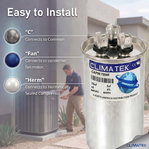 ClimaTek Round Dual Run Capacitor 75 + 5 MFD 370 440 Volt Replaces Supco CR75+5x440R