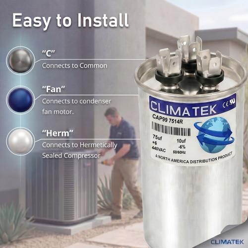 ClimaTek Round Dual Run Capacitor 75 + 10 MFD 370 440 Volt Replaces Supco CR75+10x370R
