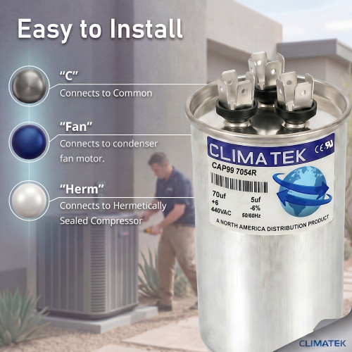 ClimaTek Round Dual Run Capacitor 70 + 5 uf MFD 370 Volt Replaces Packard PRCD705