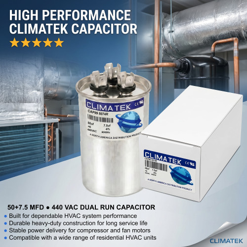 ClimaTek 50/7.5 uf 440 Volt Capacitor Replaces Trane American Standard CPT1021 CPT01021