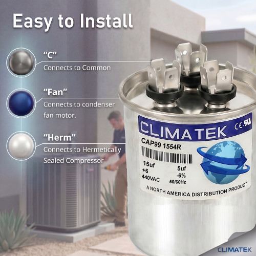 RA2000/37(156+505) - 15/5 uf MFD 370 Volt ClimaTek Capacitor Replaces Amrad