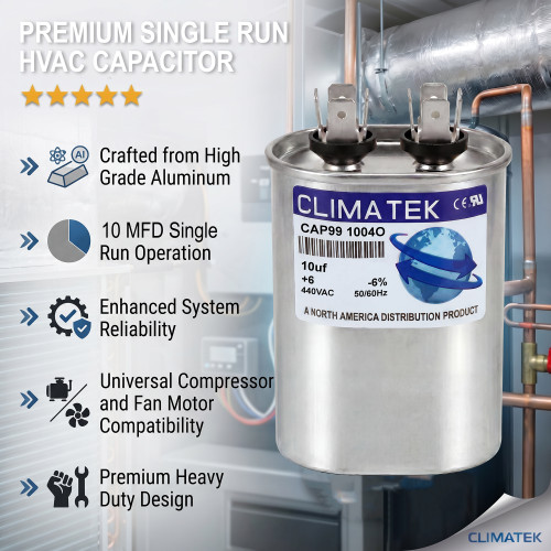 Climatek Motor Run Capacitor 10 uF MFD 440 Volt Oval Fits Packard POC10