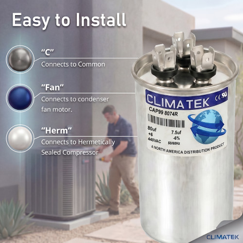Climatek Run Capacitor 80+7.5 uF MFD 440 Volt Round Fits GE Genteq 27L801BZ2