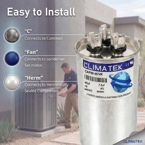 Climatek Motor Run Capacitor 45+7.5 uF MFD 440 Volt Round Fits ICP Heil 1172291