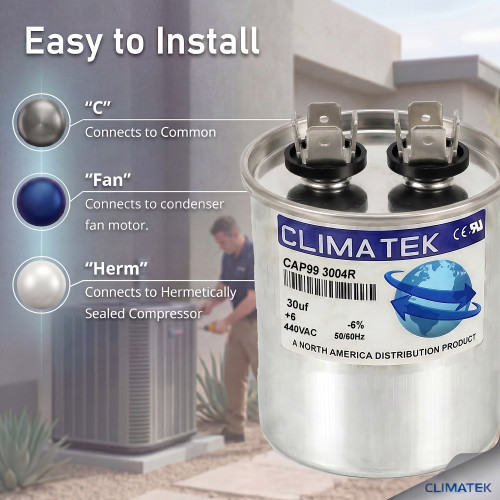 Climatek Motor Run Capacitor 30 uF MFD 440 Volt Round Fits Supco CR30X370R