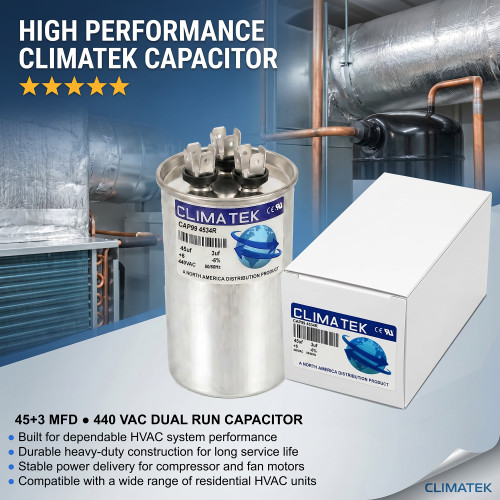 ClimaTek Round Dual Capacitor Replaces Rheem Ruud 43-101665-34 43-101665-11  - 45 + 3 uf MFD 370 440 Volt VAC