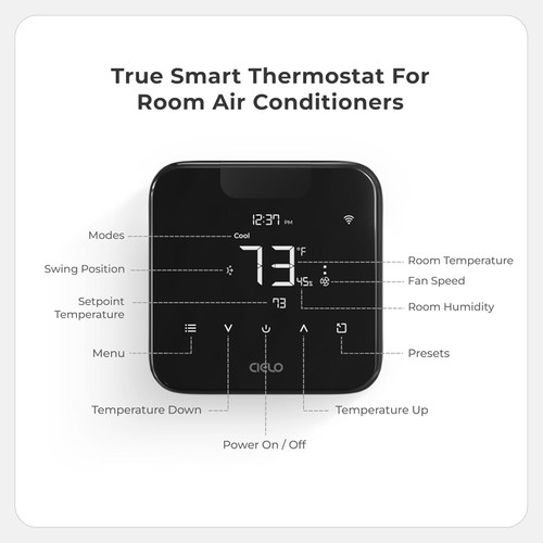 OEM Cielo Breez Max Smart Thermostat BM101WA (Black) Mini-Split, Window, and Portable Units  | AI-Based Tech | Free App, No Subscription | Alexa, Google, IFTT
