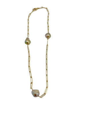 Short Gold Filled Paper Clip and Baroque Pearl Necklace