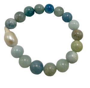 Aquamarine and White Baroque Pearl Stretch Bracelet