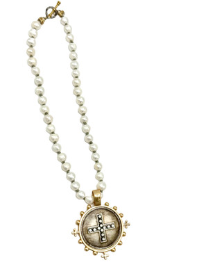 Knotted White Freshwater Pearl with Large CZ Cross Pendant
