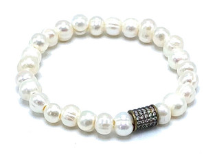 White Freshwater Pearl and CZ Cylinder Stretch Bracelet