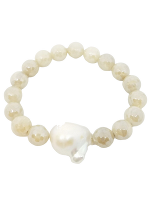 White Lace Agate with Baroque Pearl Stretch Bracelet