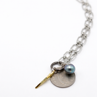 Long Silver Chain  Necklace with Coin, Pearl and CZ Charms