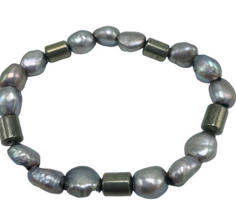 Gray Pearl and Pyrite Stretch Bracelet