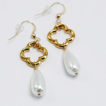 Gold Clover and Pearl Teardrop Earrings