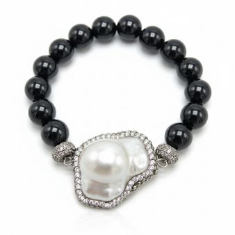 Black Onyx and Pearl with CZ Stretch Bracelet