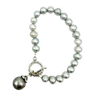 Grey Freshwater Pearls with Baroque Pearl and Sterling Toggle Bracelet