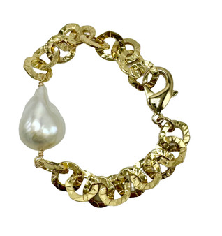 Gold Chain and White Baroque Pearl Bracelet