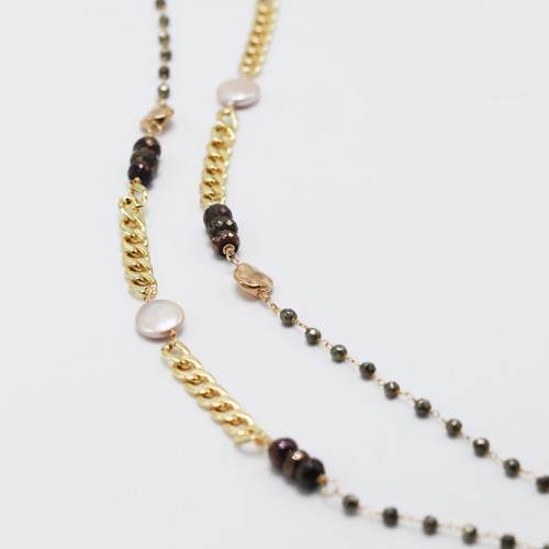 Pyrite, Pearl and Gold Chain Mix Long Necklaces