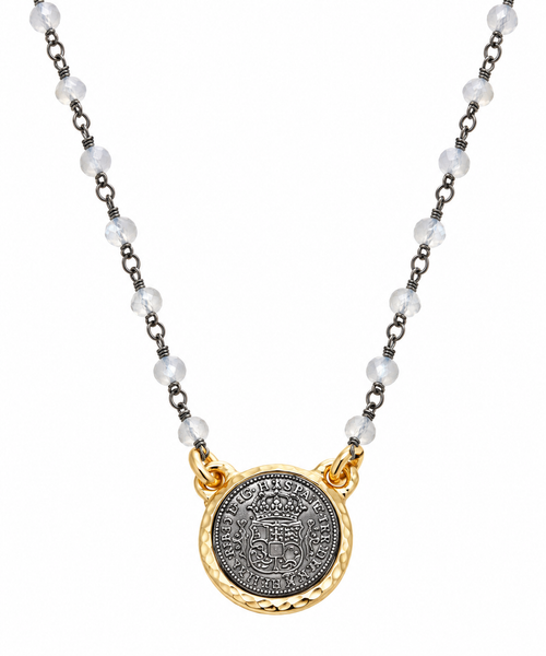 Hand Wired Quartz Short Necklace with Gold and Gunmetal Coin