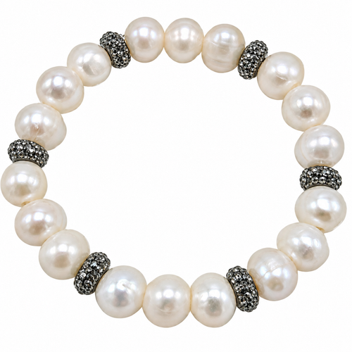 White Freshwater Pearls with CZ Rondels on Stretch