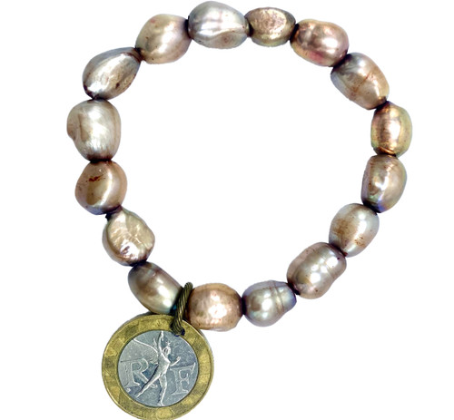 Taupe Freshwater Pearls and Vintage Coin Stretch Bracelet