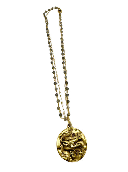 Labradorite and Sterling Paperclip with Brass Bird Pendant Labradorite and Sterling Paperclip with Brass Bird Pendant