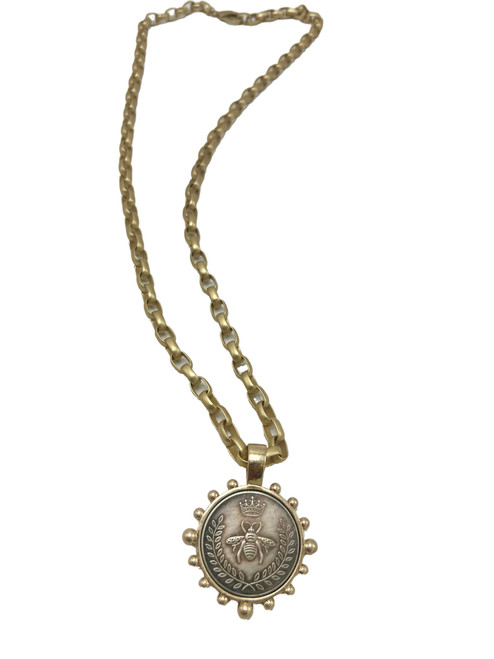 Long Gold Chain with Silver and Gold Bee Coin