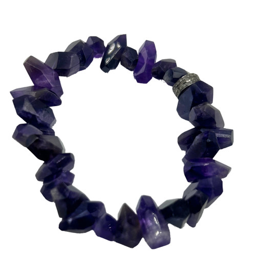 Freeform Large Amethyst with Diamond Rondel Stretch Bracelet