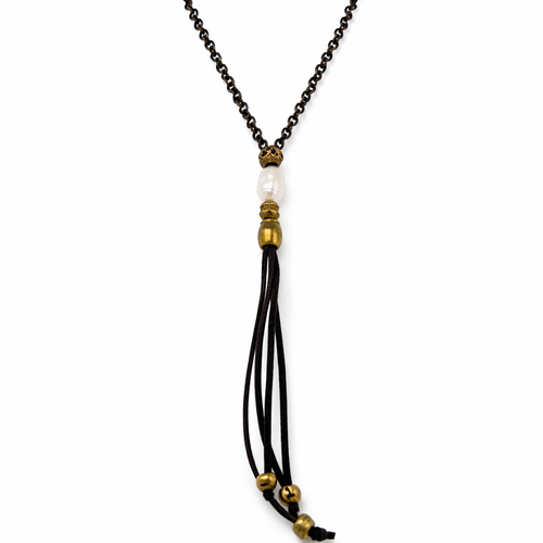 Leather and Chain Lariat with Pearl and African Embellishments