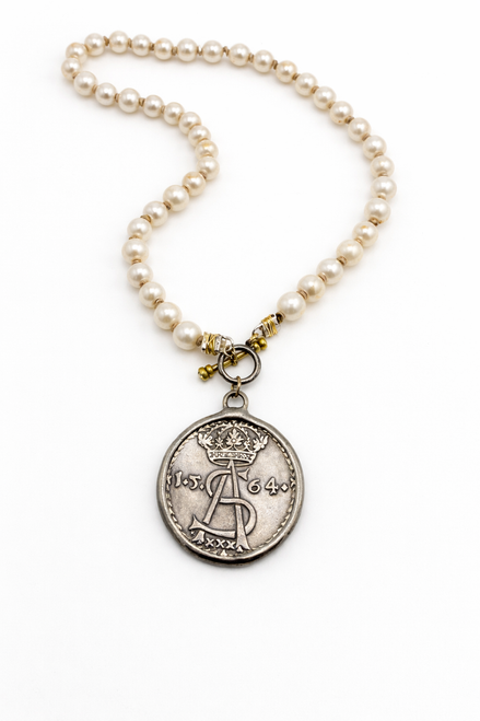White Knotted Freshwater Pearls with Silver French Coin