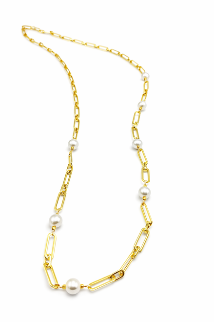 Long Gold Filled Paper Clip Chain with White Freshwater Pearls