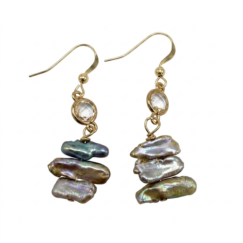 Natural Biwa Pearls and Crystal Gold Earrings