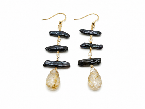 Black Biwa Pearls with Rutilated Quartz Drop