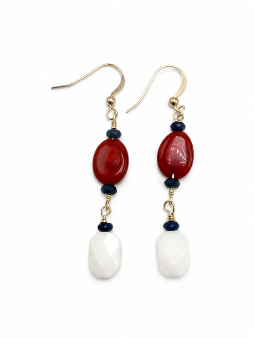 Red Crystal, White Quartz and Sapphire Gold Earrings 2